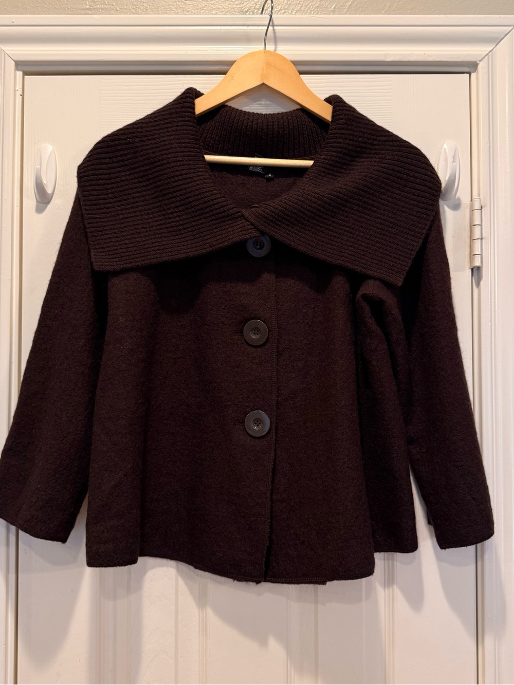 SANDRO Wool Cardigan Women Chocolate Brown Designer Luxury Portrait Collar Sz S